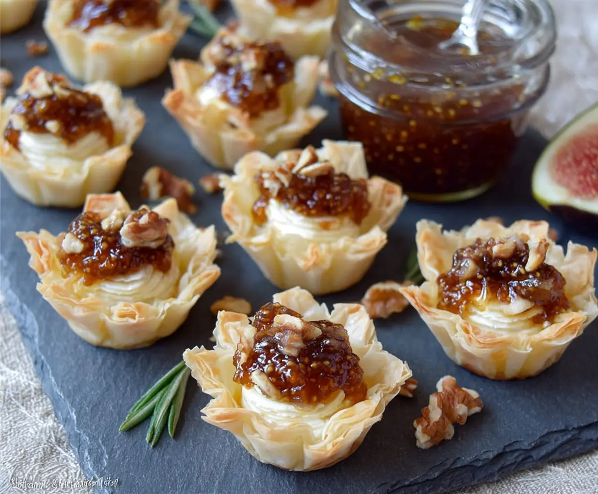 Delicious Brie and Fig Phyllo Cups garnished with fresh herbs for an elegant appetizer.