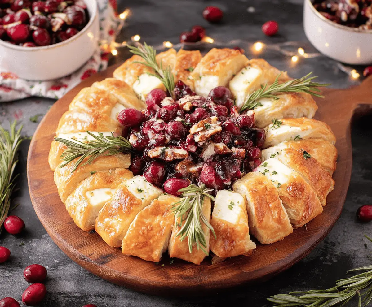 Delicious Brie Cranberry Wreath appetizer with melted cheese and fresh cranberries, perfect for entertaining.