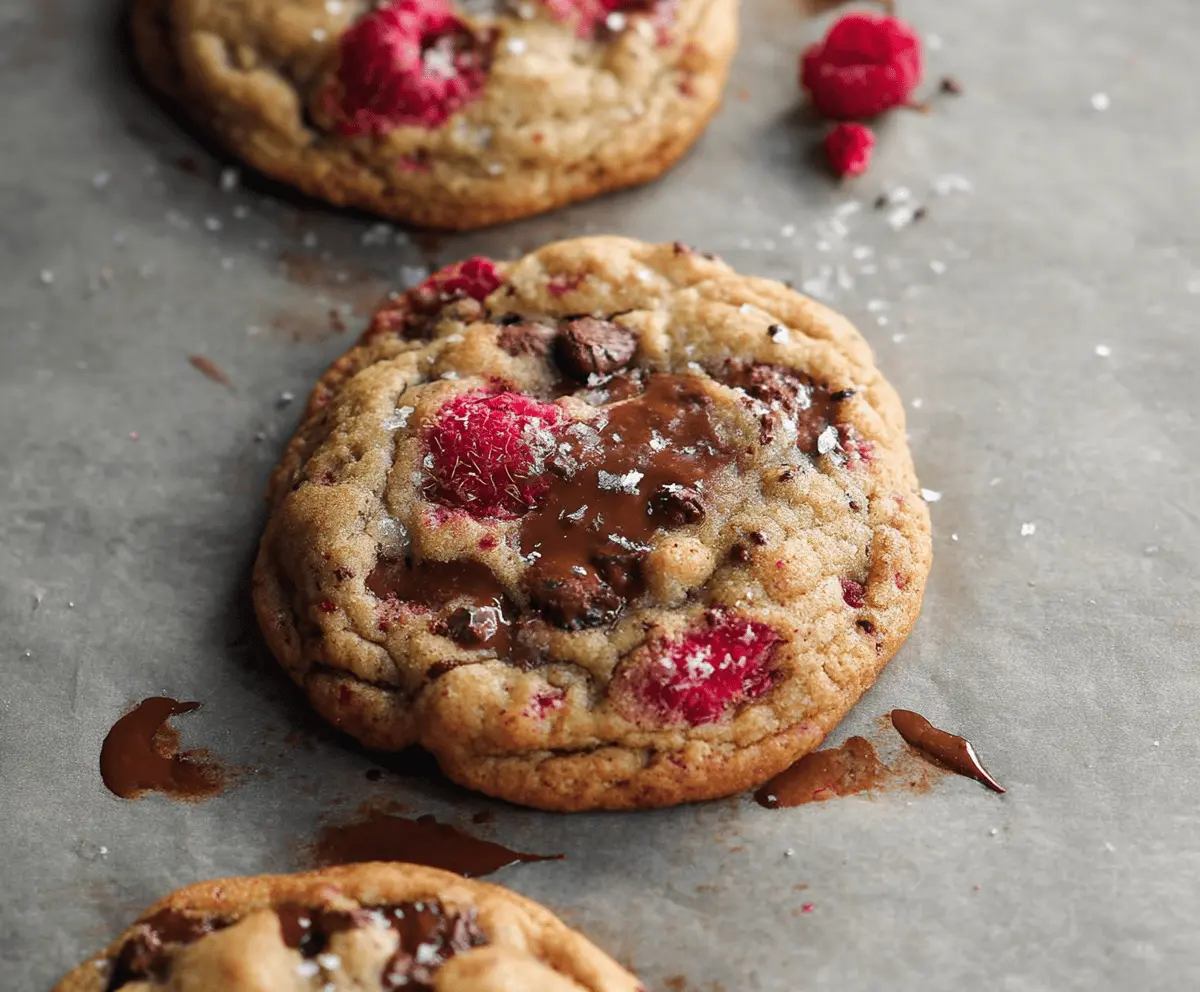 Delicious Brown Butter Raspberry Chocolate Chip Cookies on a plate, showcasing a perfect blend of fruity, buttery, and chocolaty flavors.