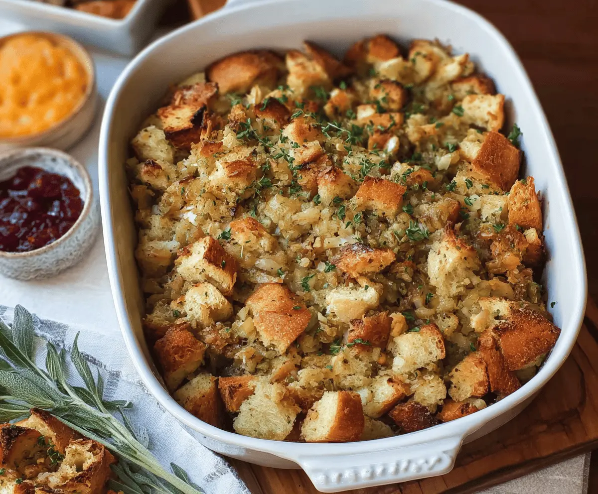 Delicious buttery Thanksgiving stuffing with herbs and bread cubes on a festive table.