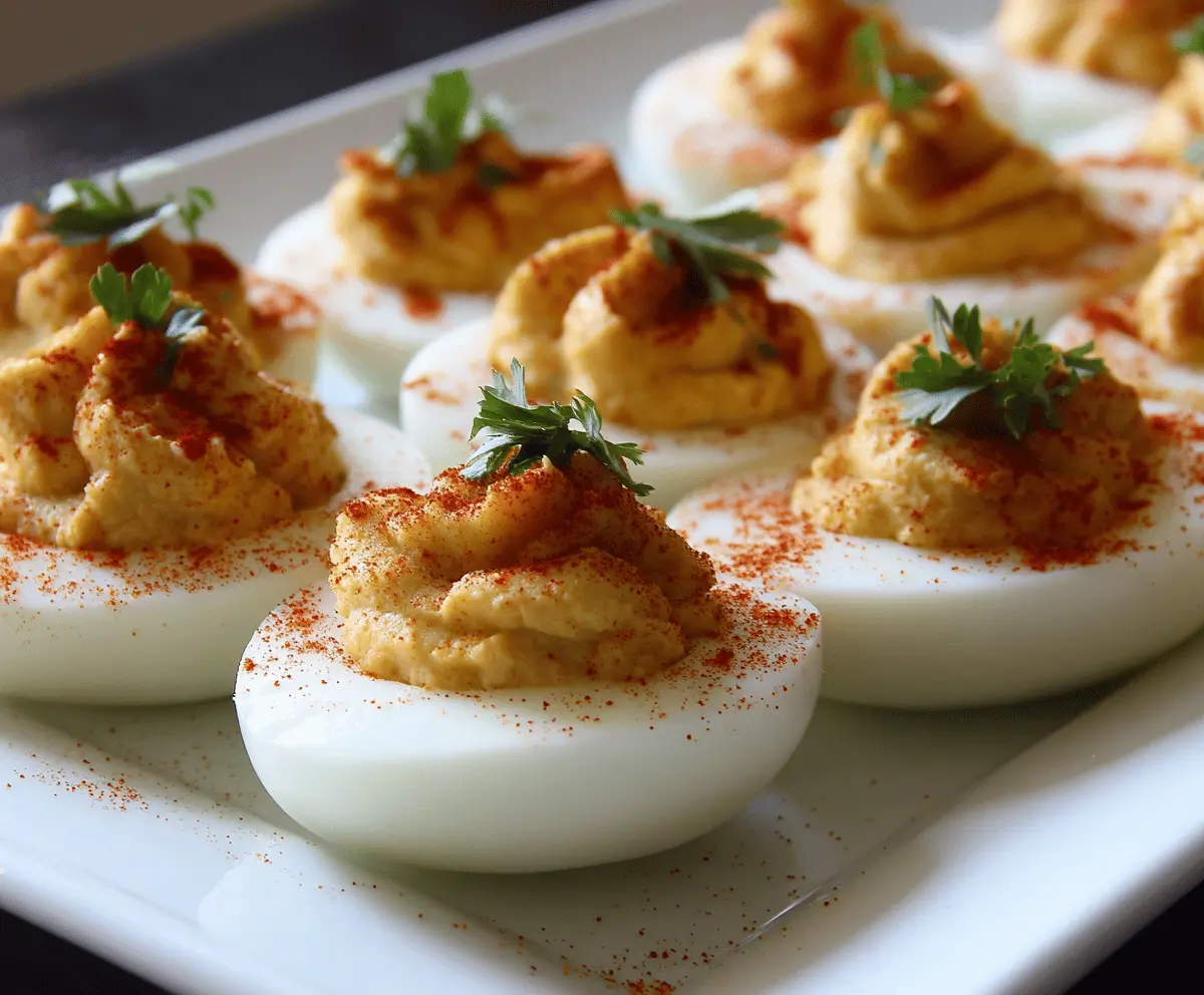 Delicious Cajun deviled eggs garnished with paprika and chives on a white plate.