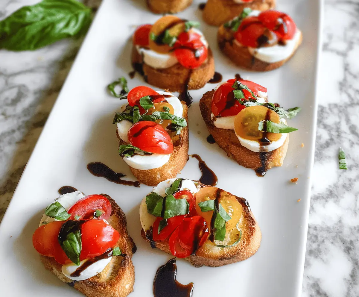 Delicious Caprese Crostini topped with fresh mozzarella, cherry tomatoes, and basil on crispy baguette slices.