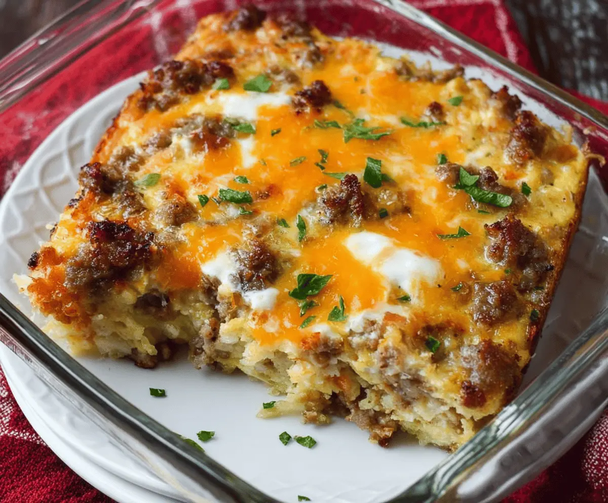 Delicious cheesy sausage and hashbrown breakfast casserole ready to serve.
