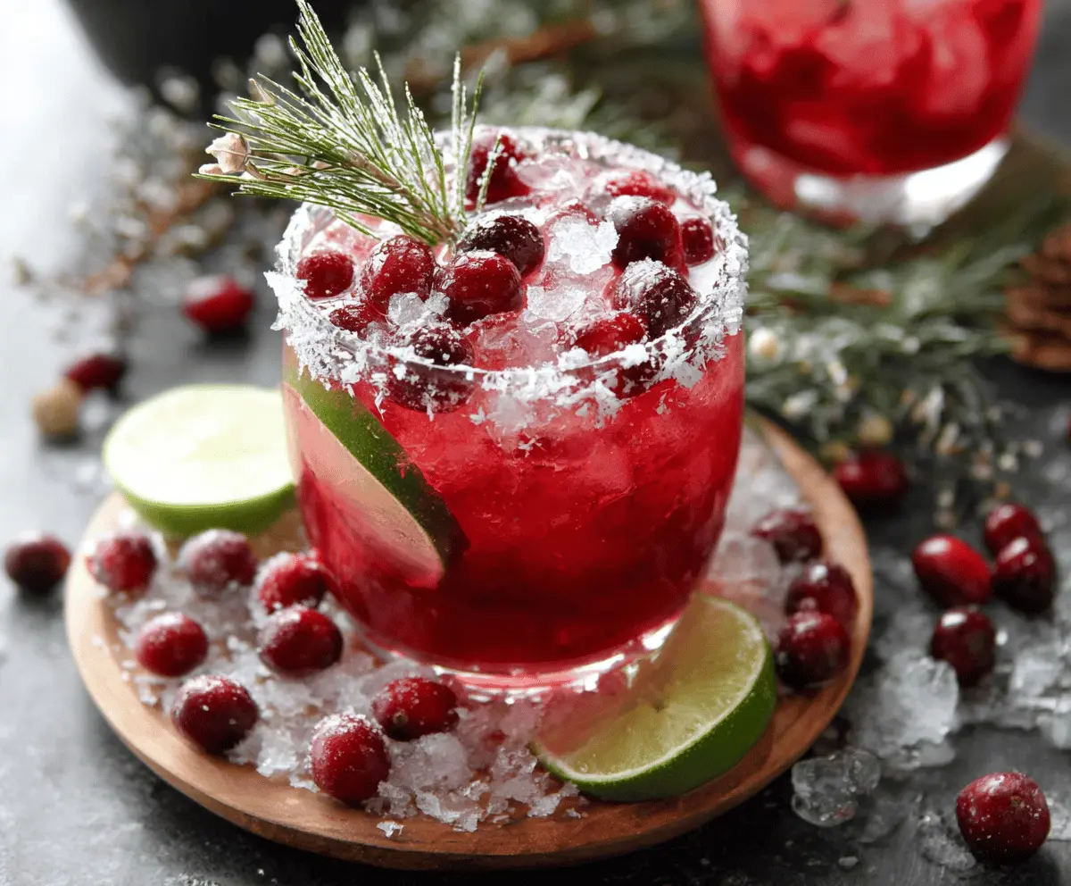 Festive Christmas Cranberry Margarita cocktail with fresh cranberries and lime garnish