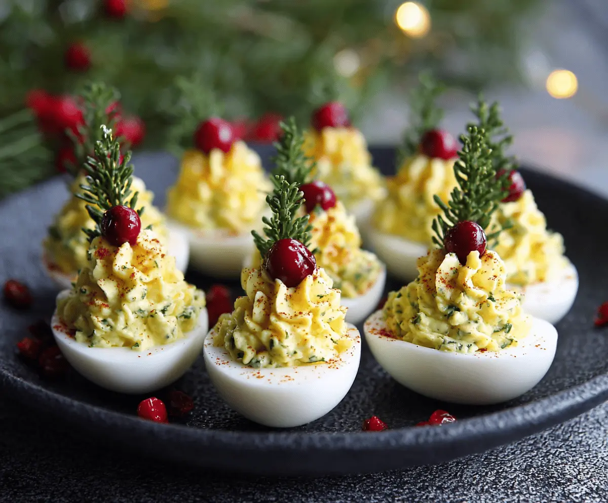 Festive Christmas deviled eggs garnished with herbs on a holiday platter