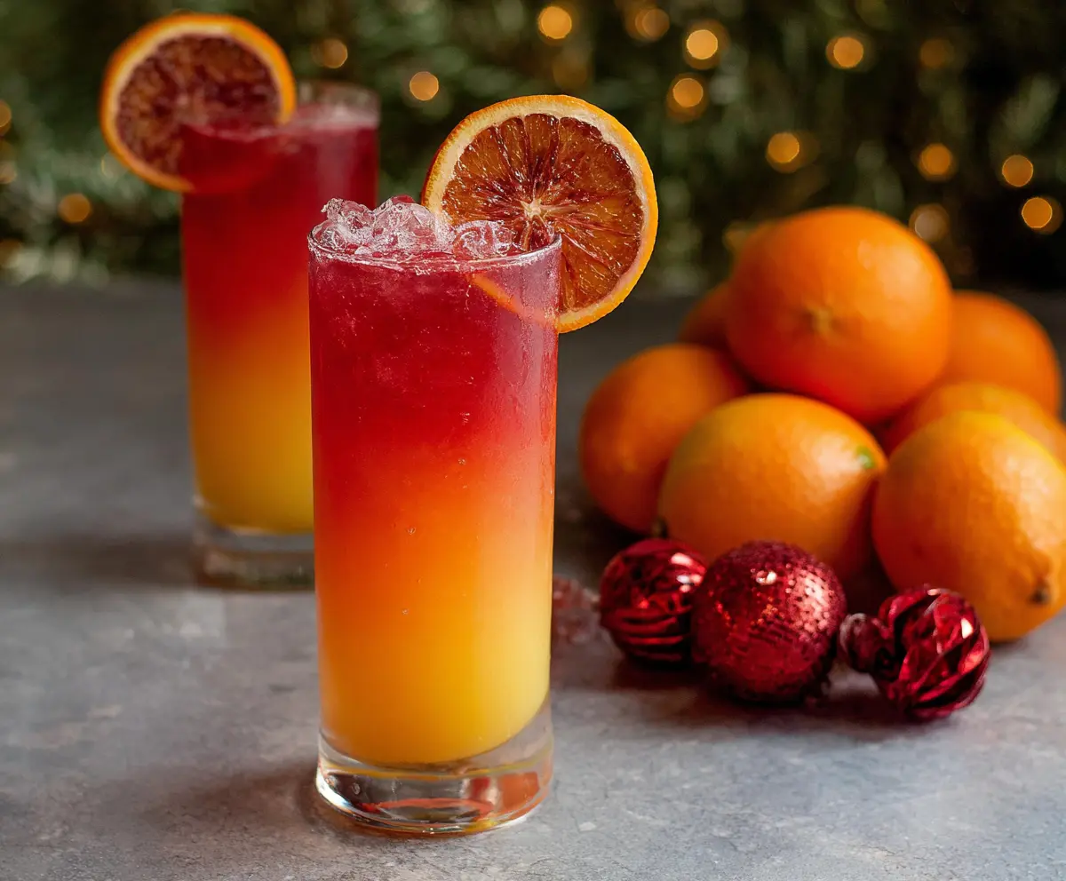 Colorful Christmas Tequila Sunrise cocktail garnished with citrus slices and cherries on a festive table.