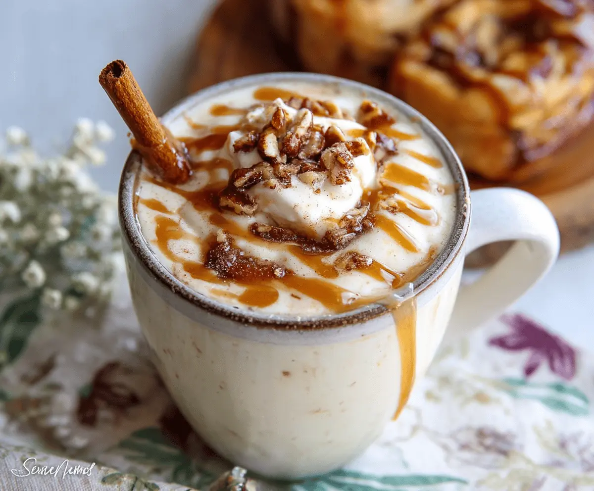 Creamy Cinnamon Bun White Hot Chocolate topped with whipped cream and cinnamon, perfect for cozy winter days.