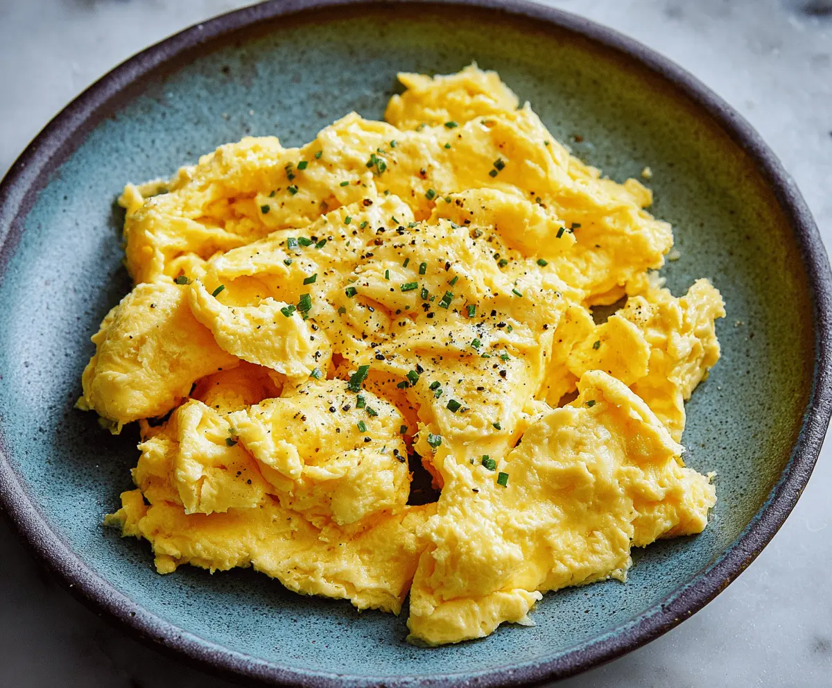 Delicious classic scrambled eggs served on a plate, perfect for breakfast.