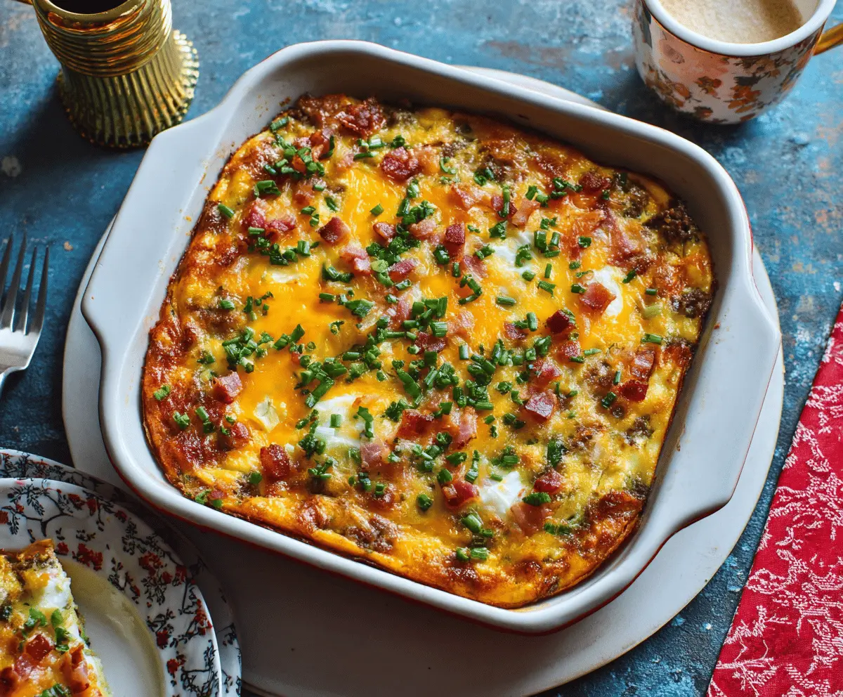 Delicious Cowboy Breakfast Casserole with eggs, sausage, and cheese served hot