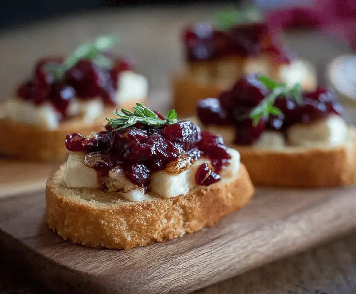 Delicious Cranberry Brie Toast topped with fresh cranberries and herbs, perfect for brunch or entertaining.