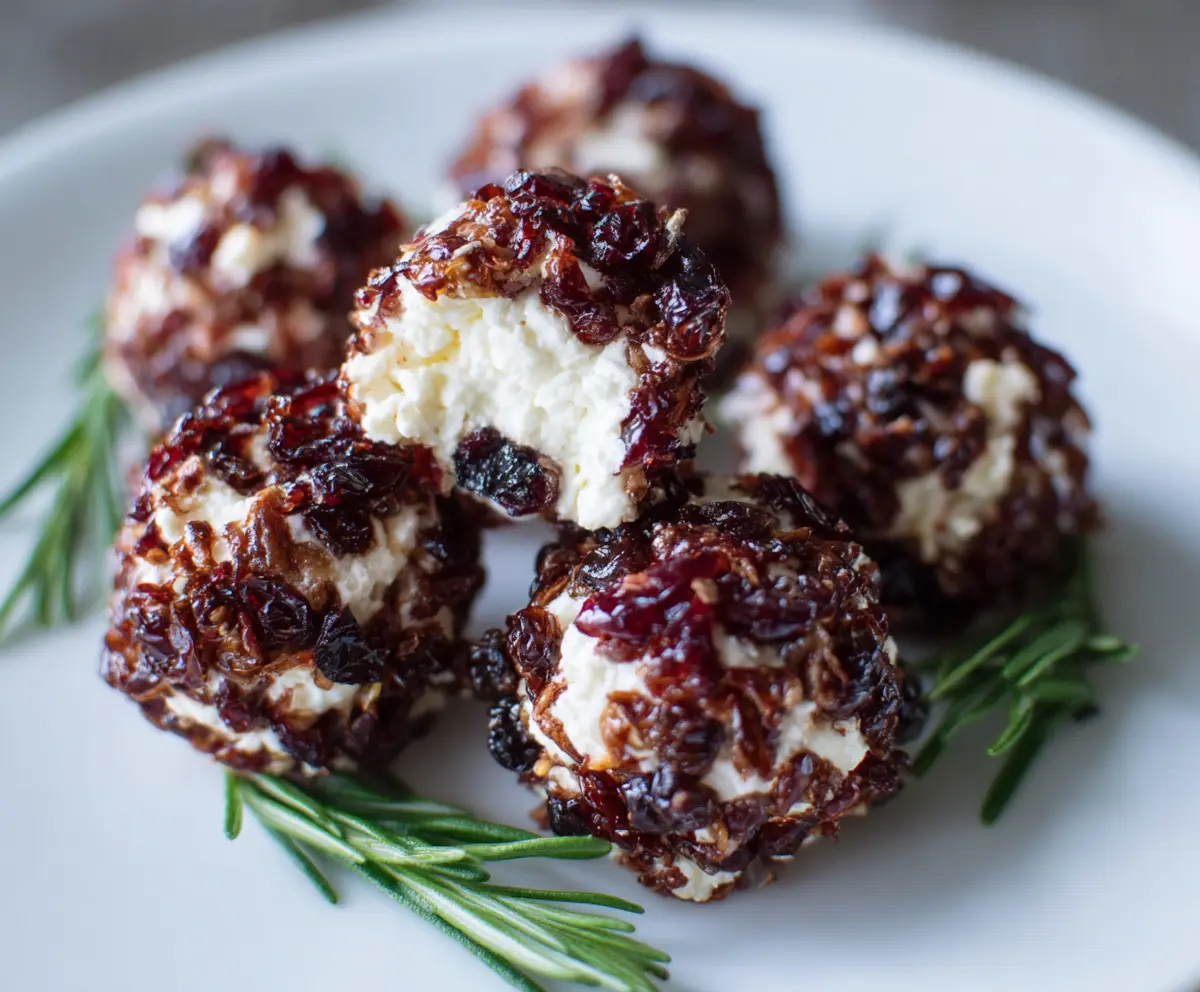 Delicious cranberry goat cheese balls garnished with fresh herbs on a rustic platter.