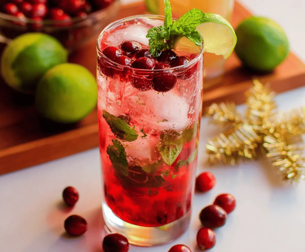 Refreshing Cranberry Mint Mojito served in a glass with fresh cranberries and mint leaves.