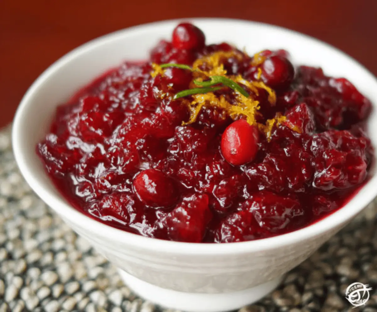 Delicious homemade cranberry sauce with orange marmalade served in a rustic bowl for festive occasions.