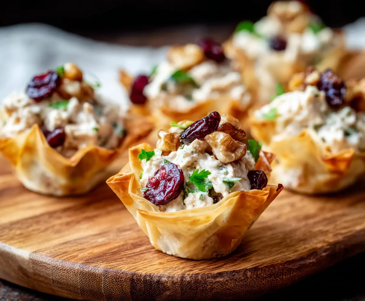Cranberry Walnut Chicken Salad served in crispy Phyllo cups, garnished with fresh herbs