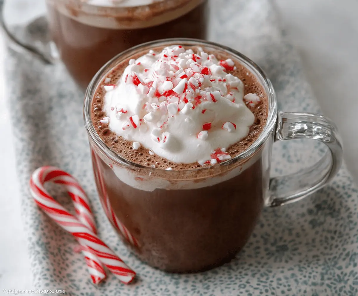 Delicious Crockpot Peppermint Hot Chocolate in a cozy mug with whipped cream and peppermint topping.