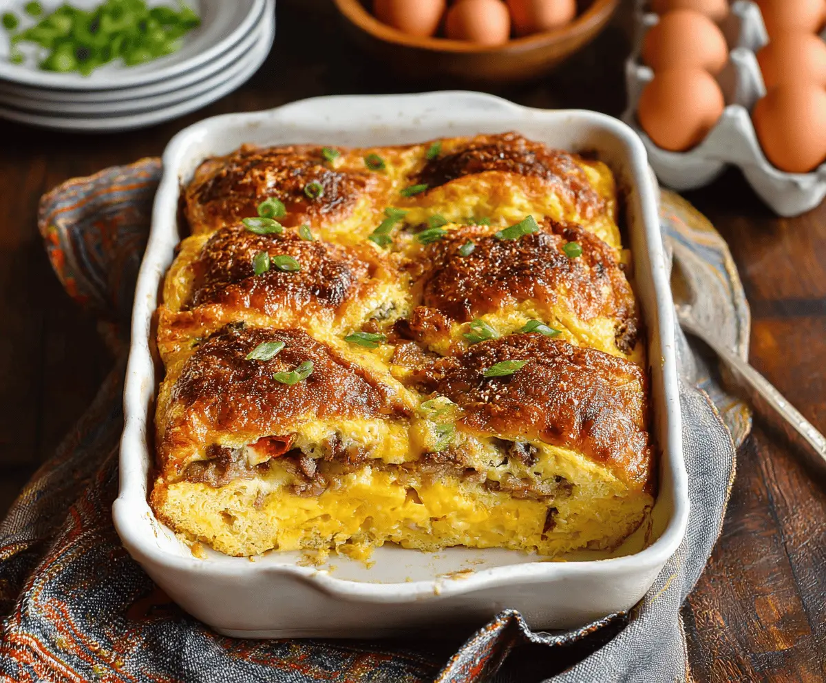 Delicious croissant breakfast casserole with eggs, cheese, and breakfast meats in a baking dish.