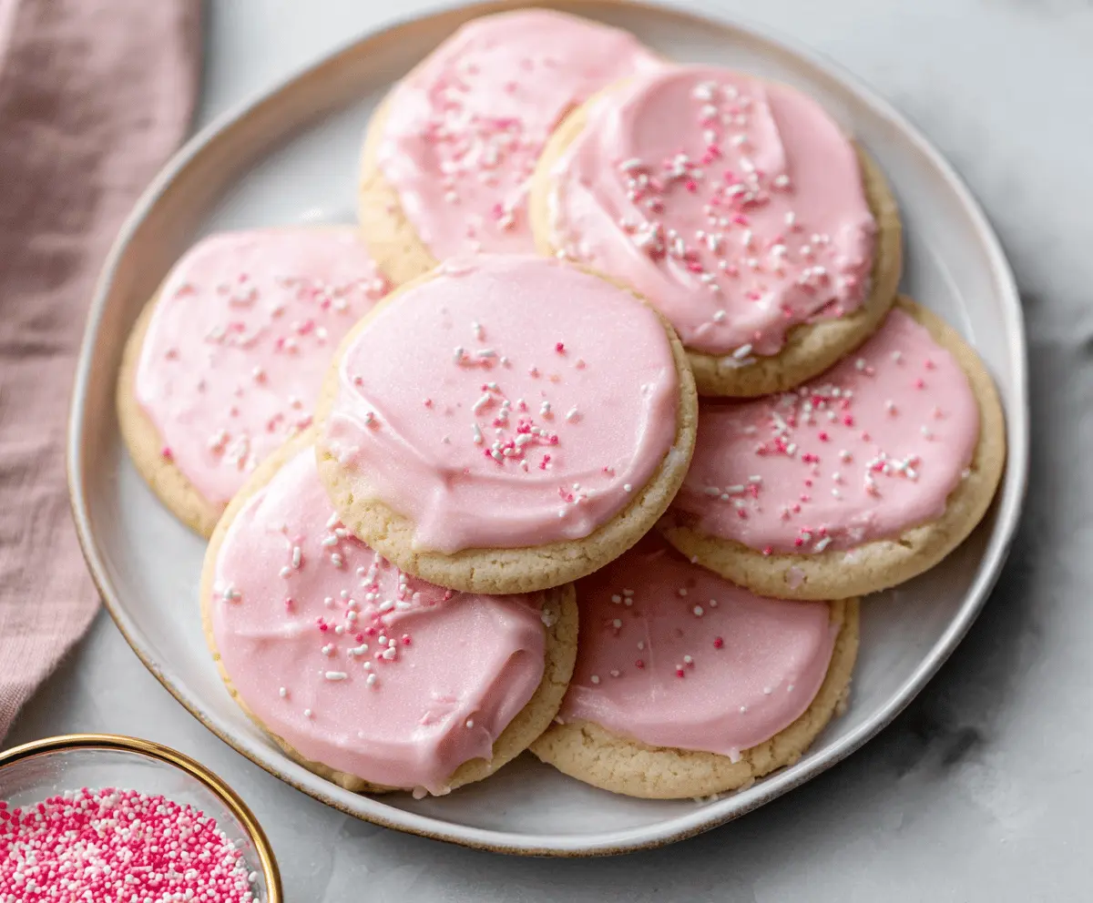 Delicious Crumbl Pink Chilled Sugar Cookies on a plate, showcasing their soft texture and vibrant pink color.