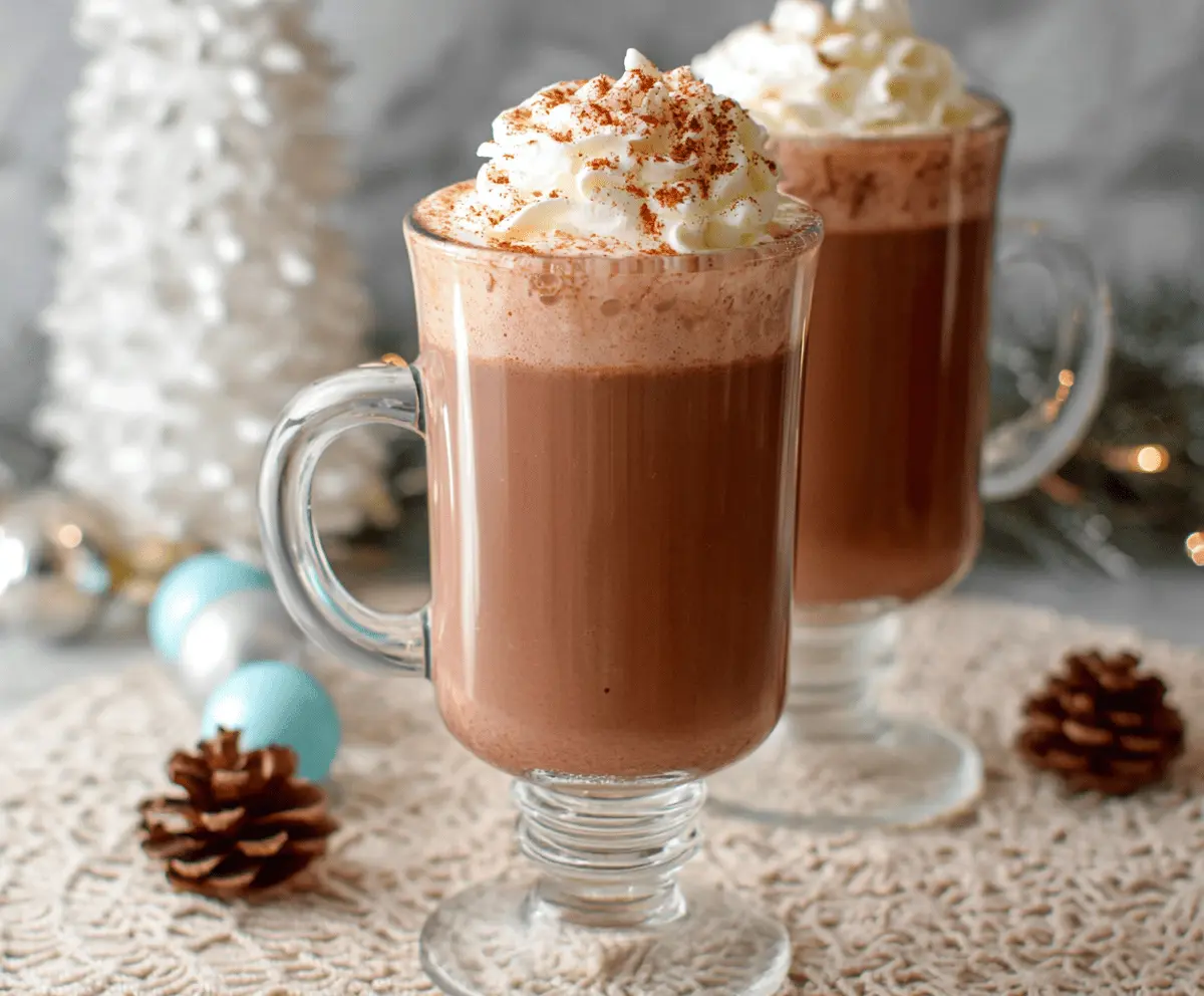 Creamy Eggnog Hot Chocolate topped with whipped cream and nutmeg, perfect for winter holidays.