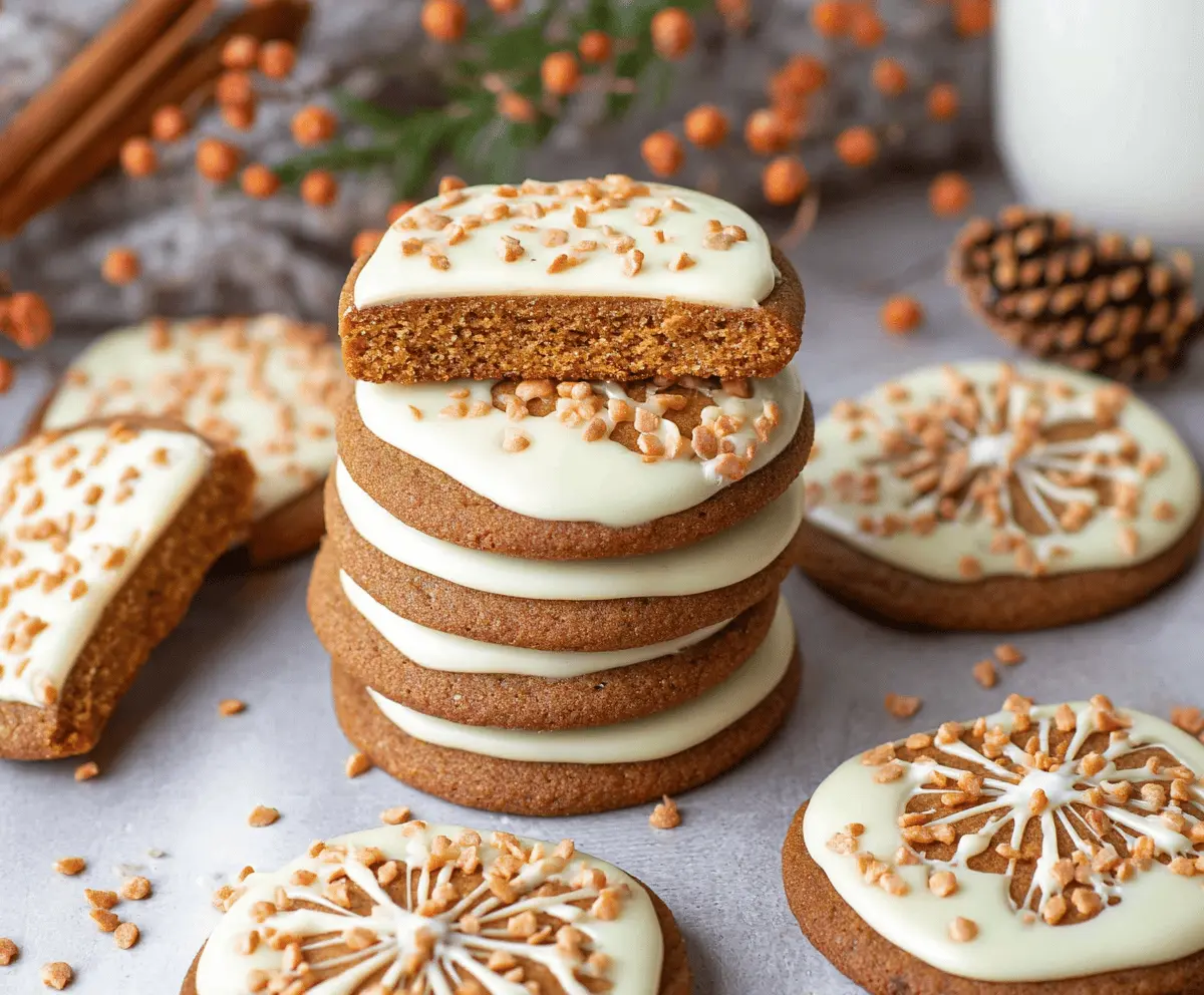 Delicious Eggnog Iced Gingerbread Cookies decorated with festive icing, perfect for holiday treats.