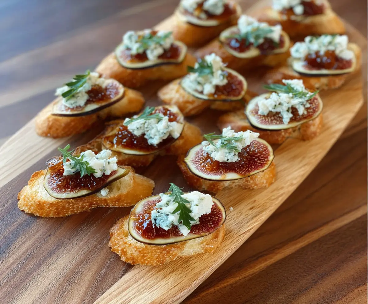 Delicious Fig and Blue Cheese Crostini with fresh figs, creamy blue cheese, and crispy baguette slices.