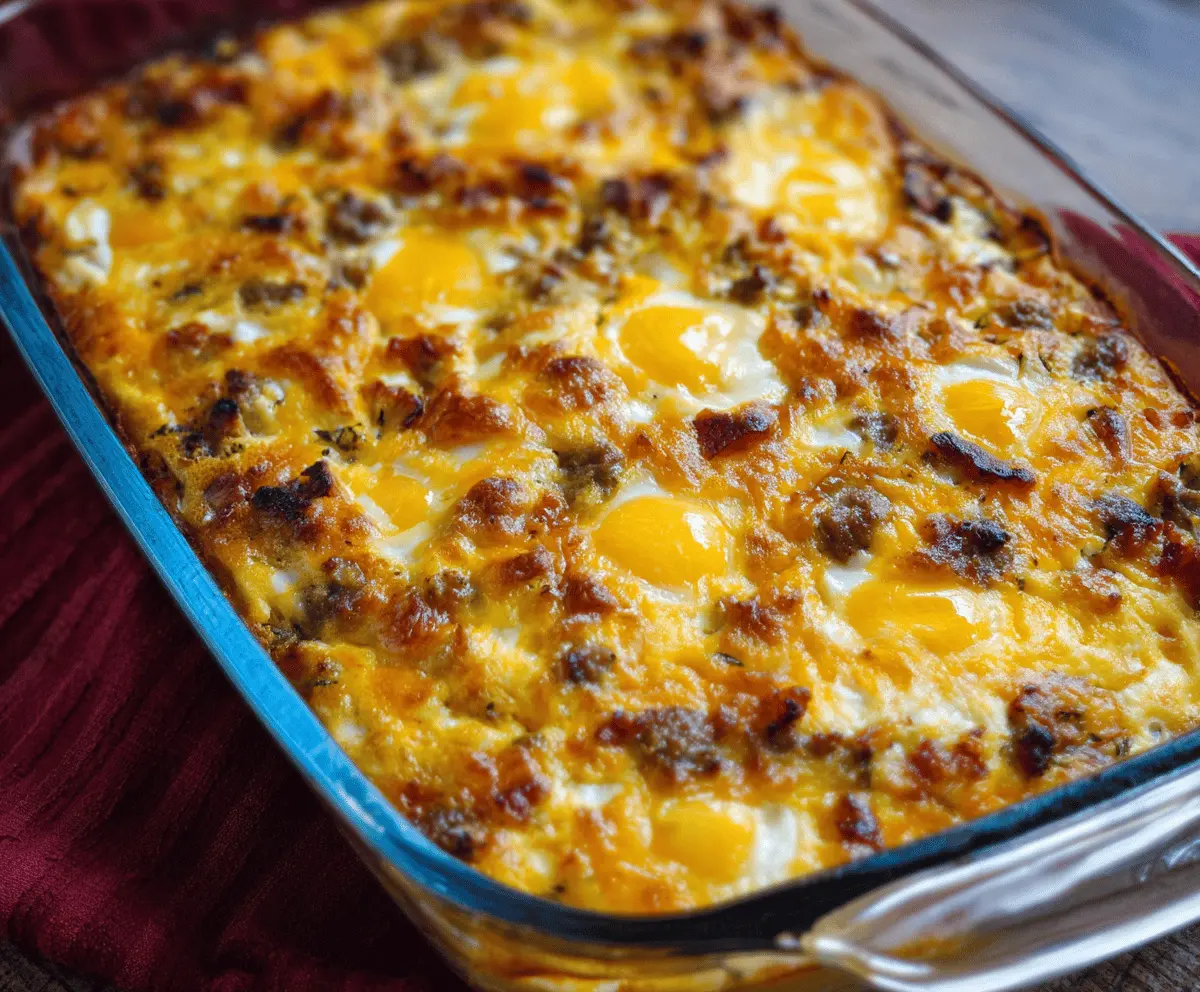 Delicious Firemans Breakfast Casserole with eggs, sausage, and cheese in a baking dish