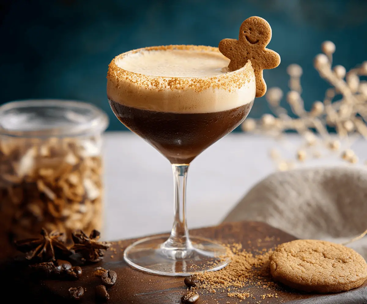 Delicious Gingerbread Espresso Martini topped with whipped cream and a cookie garnish, perfect for holiday parties.