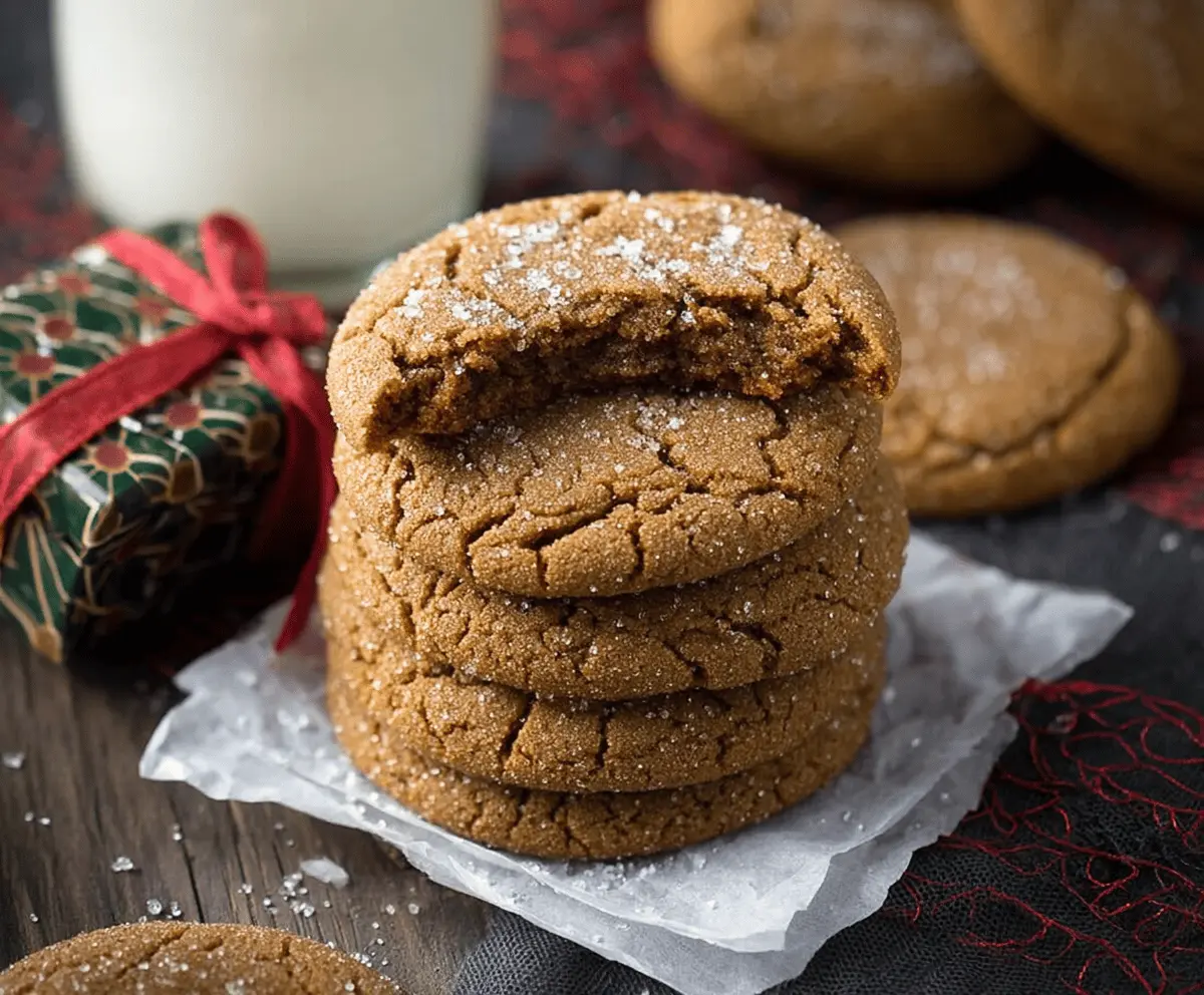 Freshly baked gingerbread molasses cookies on a festive platter, perfect for holiday treats