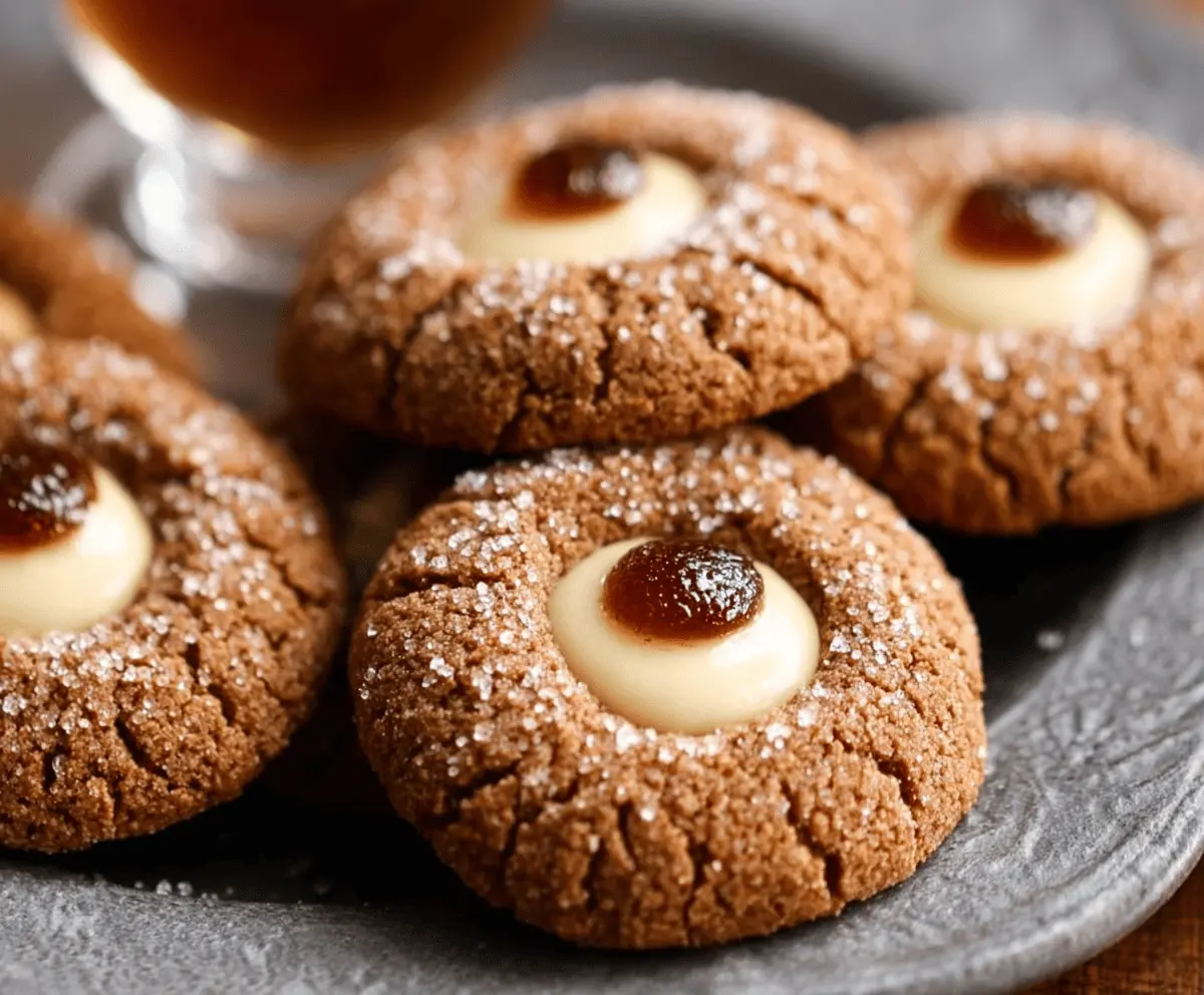 Delicious gingerbread thumbprint cookies with sweet jam filling on a festive holiday plate