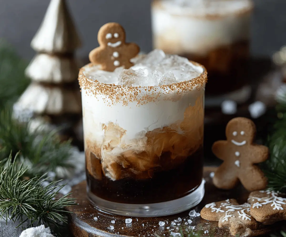 Creamy Gingerbread White Russian cocktail garnished with a cinnamon stick and ginger slice on a festive wooden table