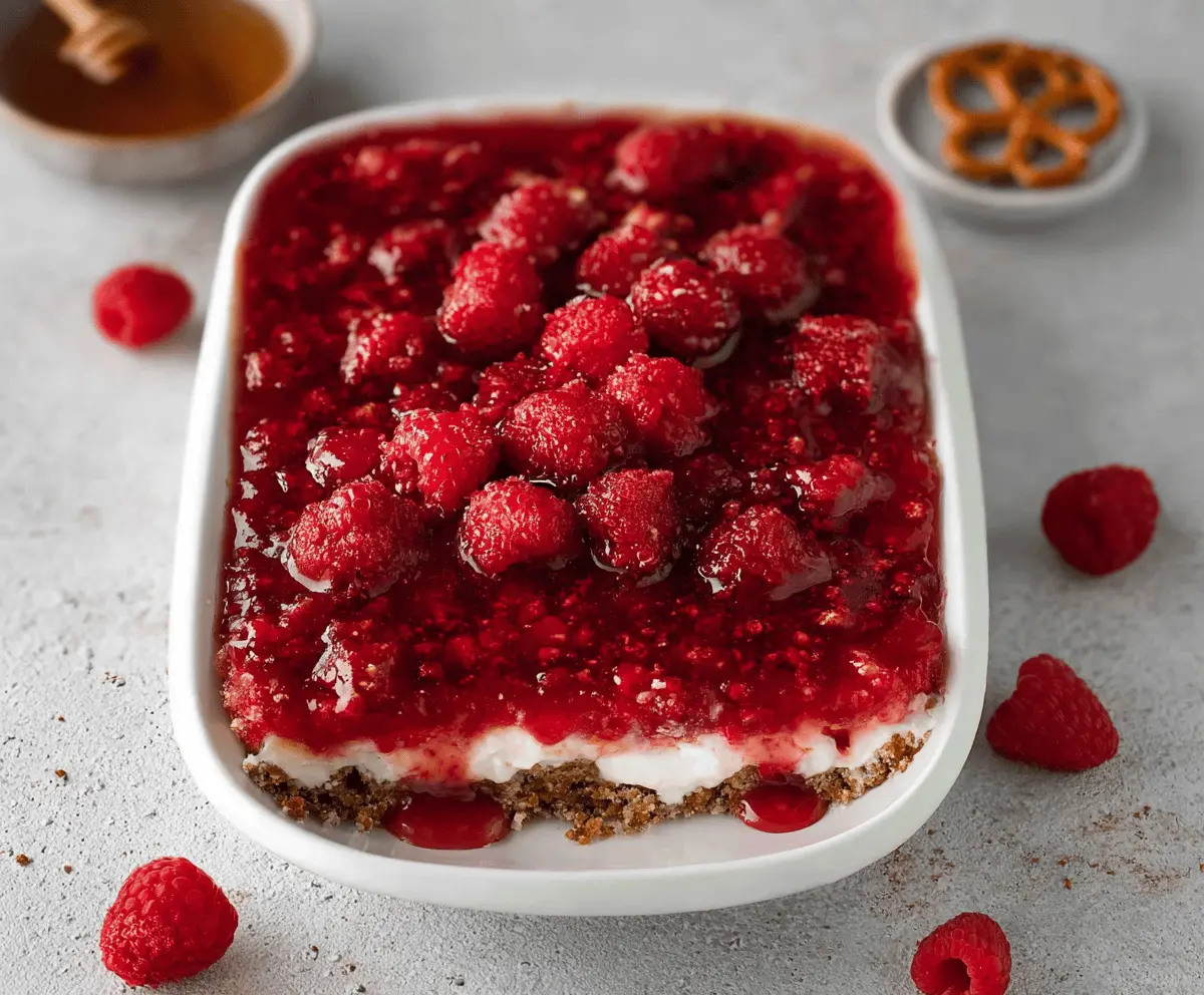 Delicious gluten-free raspberry pretzel salad in a glass bowl with fresh raspberries and pretzels topping.