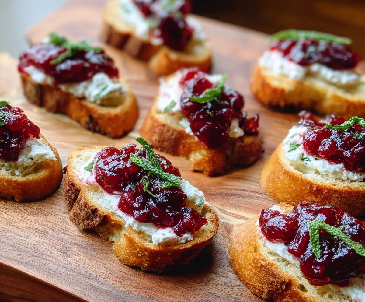 Delicious goat cheese and cranberry crostini served on a wooden platter, perfect for appetizer gatherings.