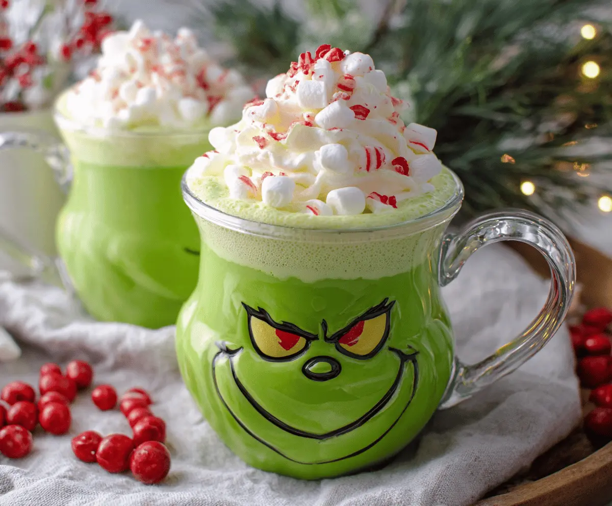 Festive Grinch-themed hot chocolate with green whipped cream and candy decorations