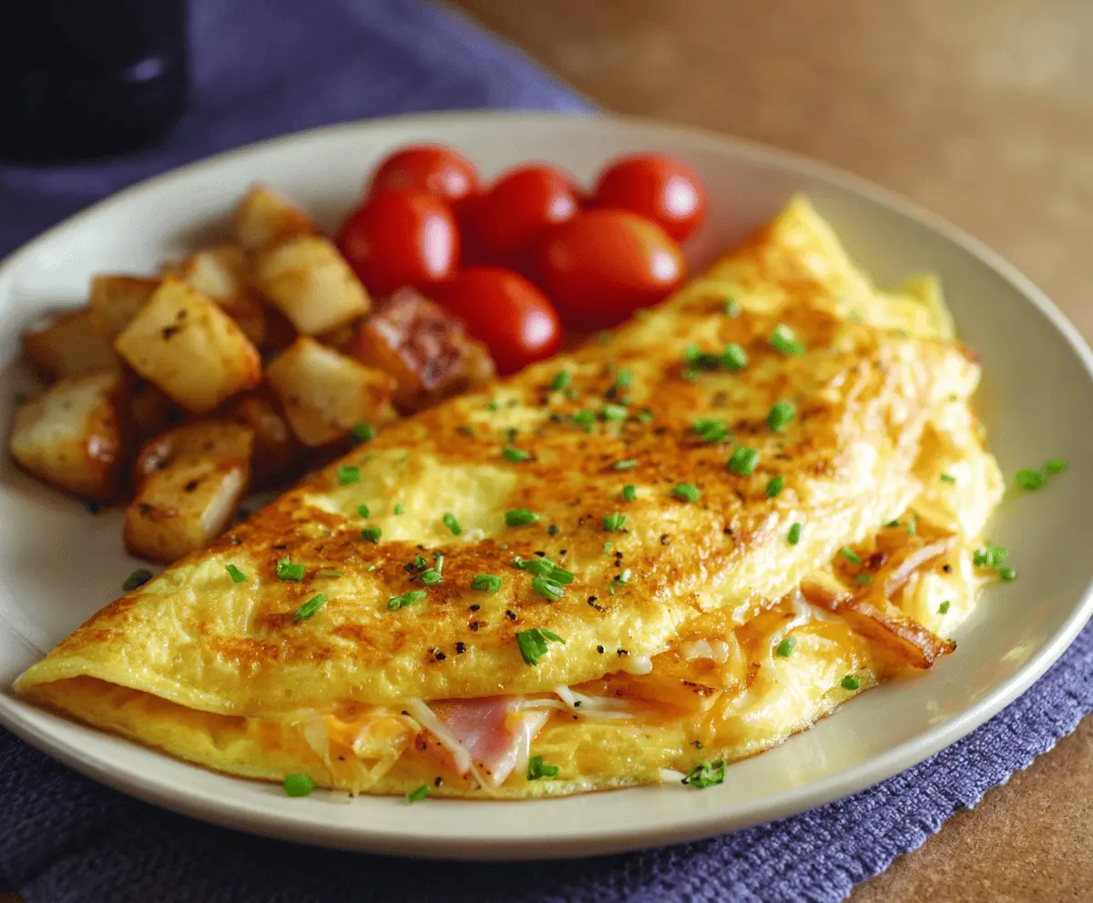 Delicious ham and cheese omelet with melted cheese and savory ham slices