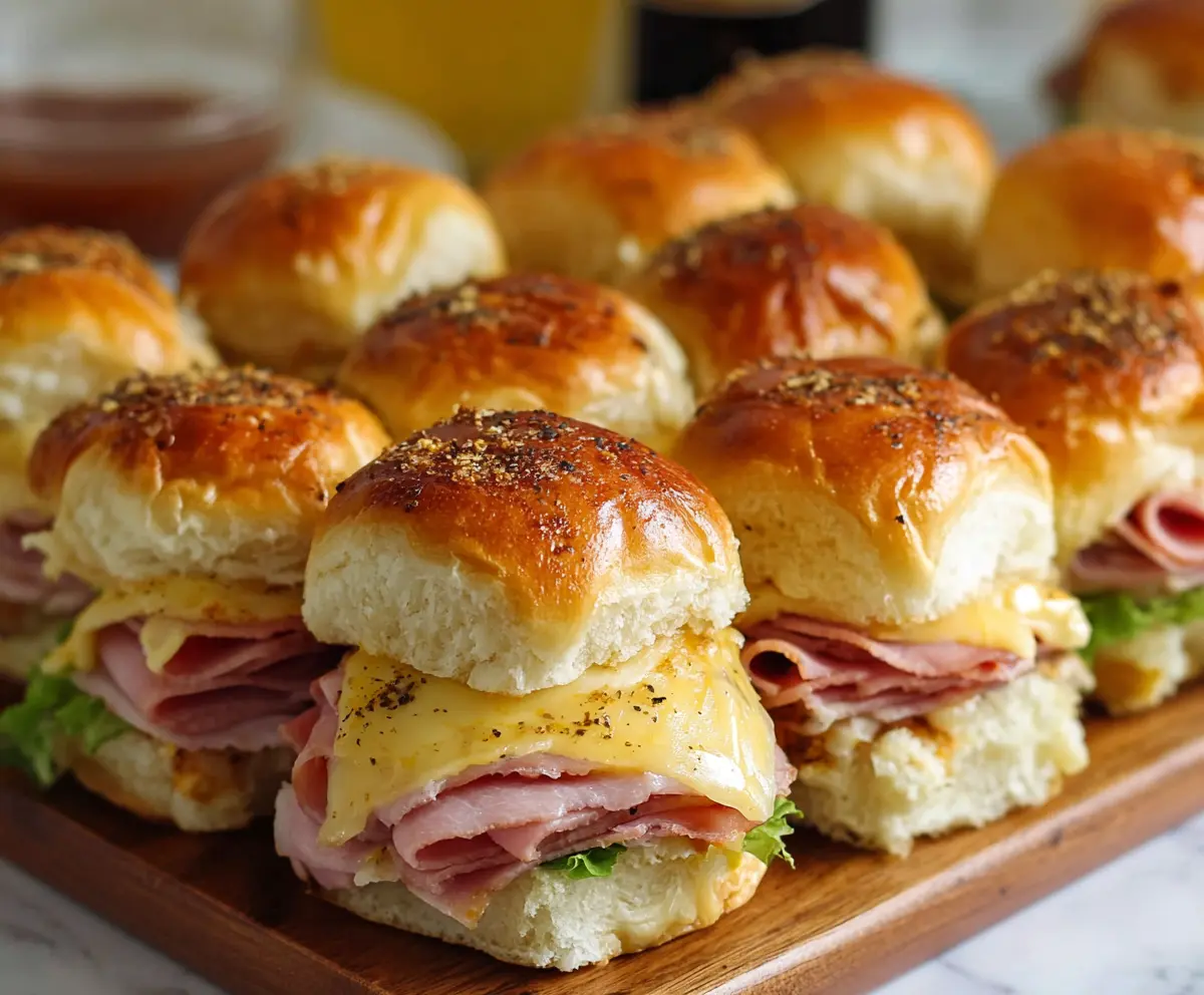 Delicious ham and cheese sliders with melted cheese and fresh bread