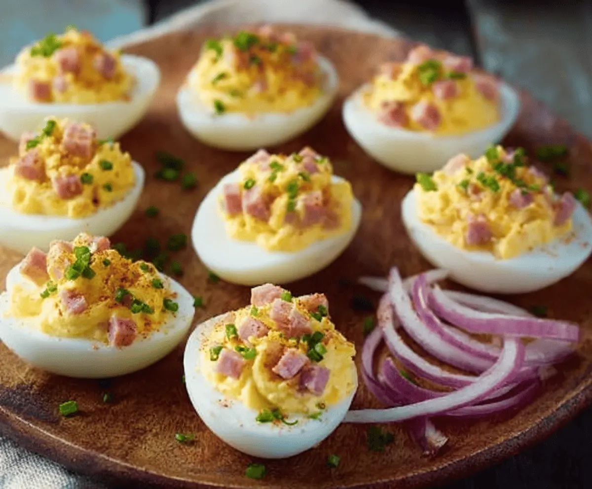 Creamy ham deviled eggs garnished with paprika and chives on a white plate