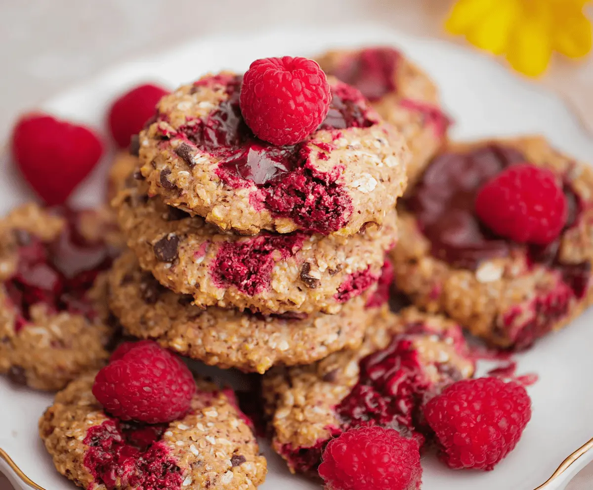Delicious homemade healthy raspberry cookies with fresh raspberries and a golden baking finish.