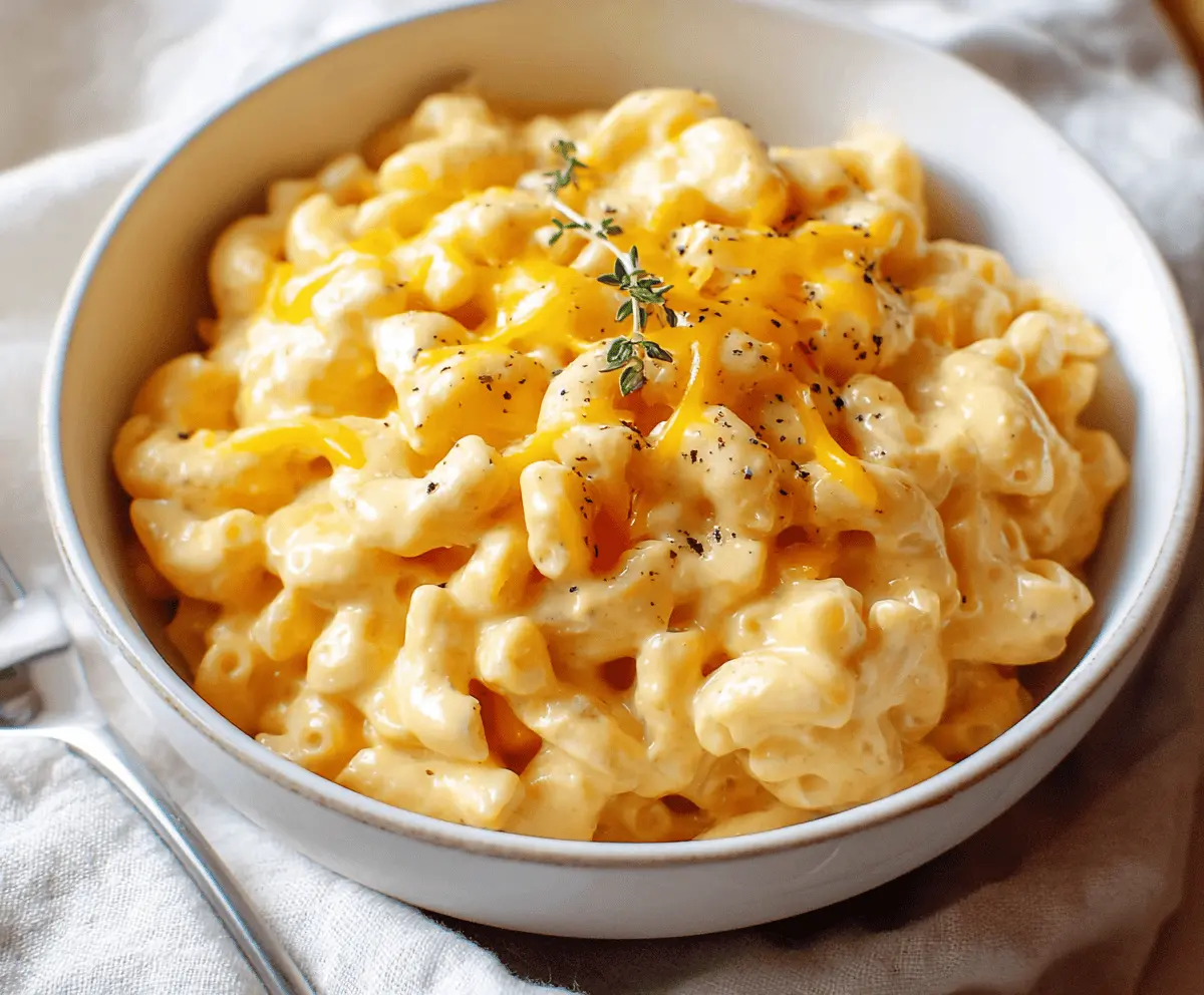 Creamy high protein mac and cheese with melted cheese and pasta, perfect for a healthy comfort food meal.