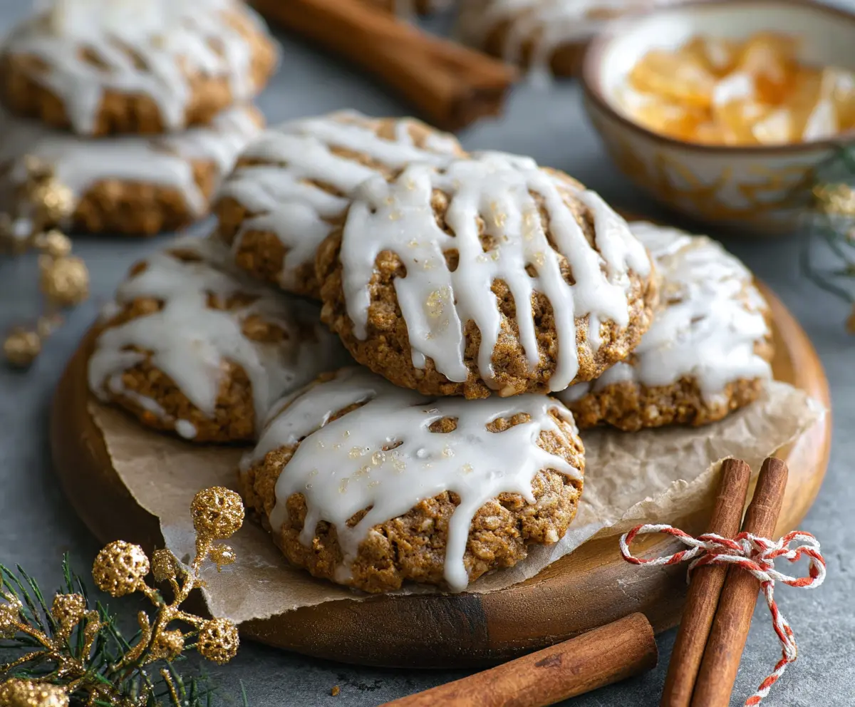 Delicious iced gingerbread oatmeal cookies on a plate, perfect for holiday treats.