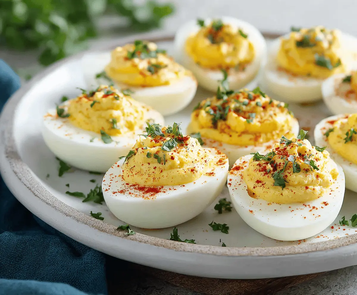 Keto deviled eggs garnished with paprika and herbs in a white serving dish.