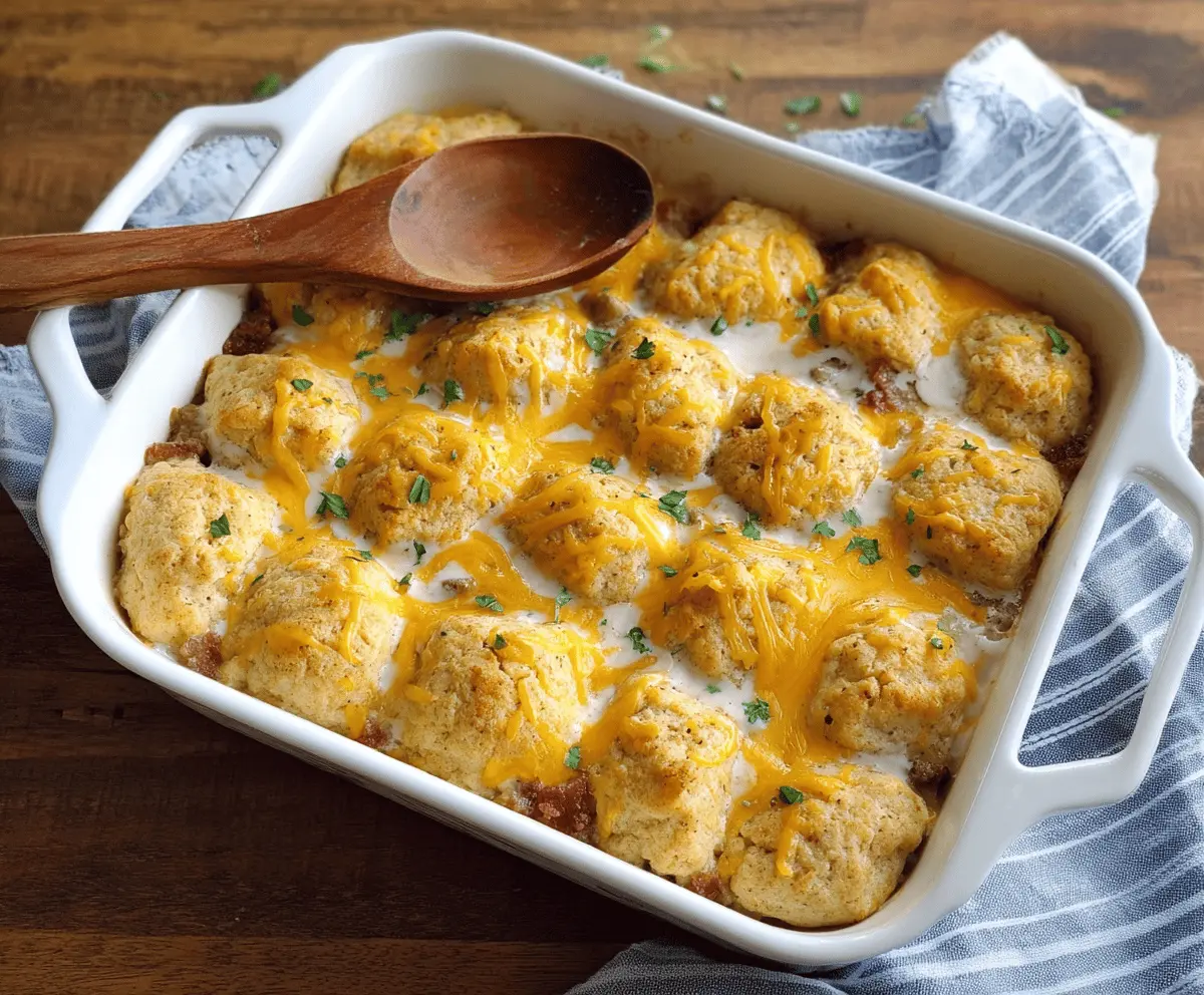 Delicious Lazy Biscuits Breakfast Casserole with eggs, cheese, and bacon in a baking dish.