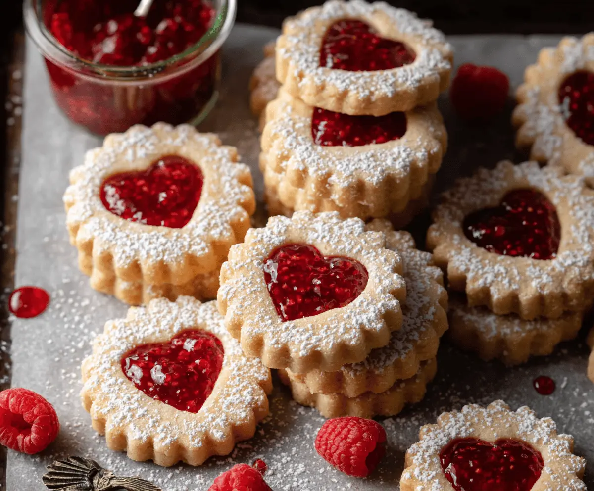 Delicious Linzer Raspberry Cookies showcasing a festive holiday treat with raspberry jam filling.