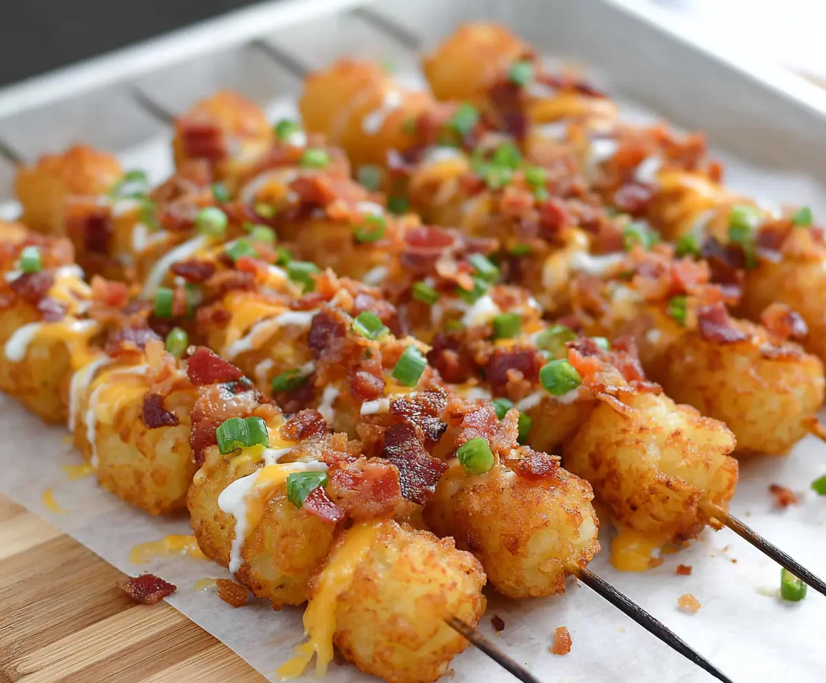 Loaded Tater Tot Skewers with melted cheese, bacon, and green onions on a wooden serving platter.