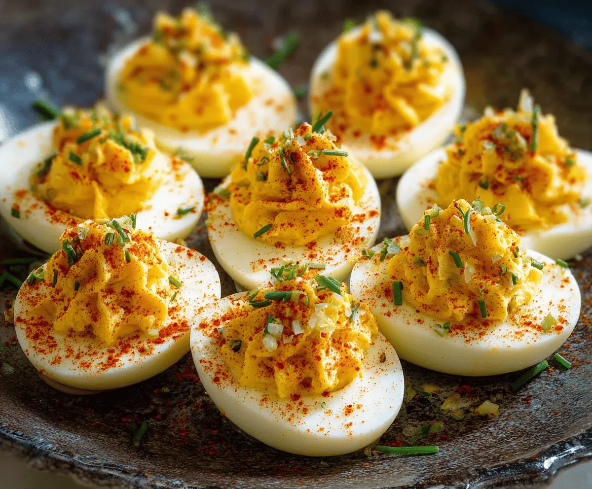 Creamy Million Dollar Deviled Eggs garnished with paprika and fresh herbs on a white platter.