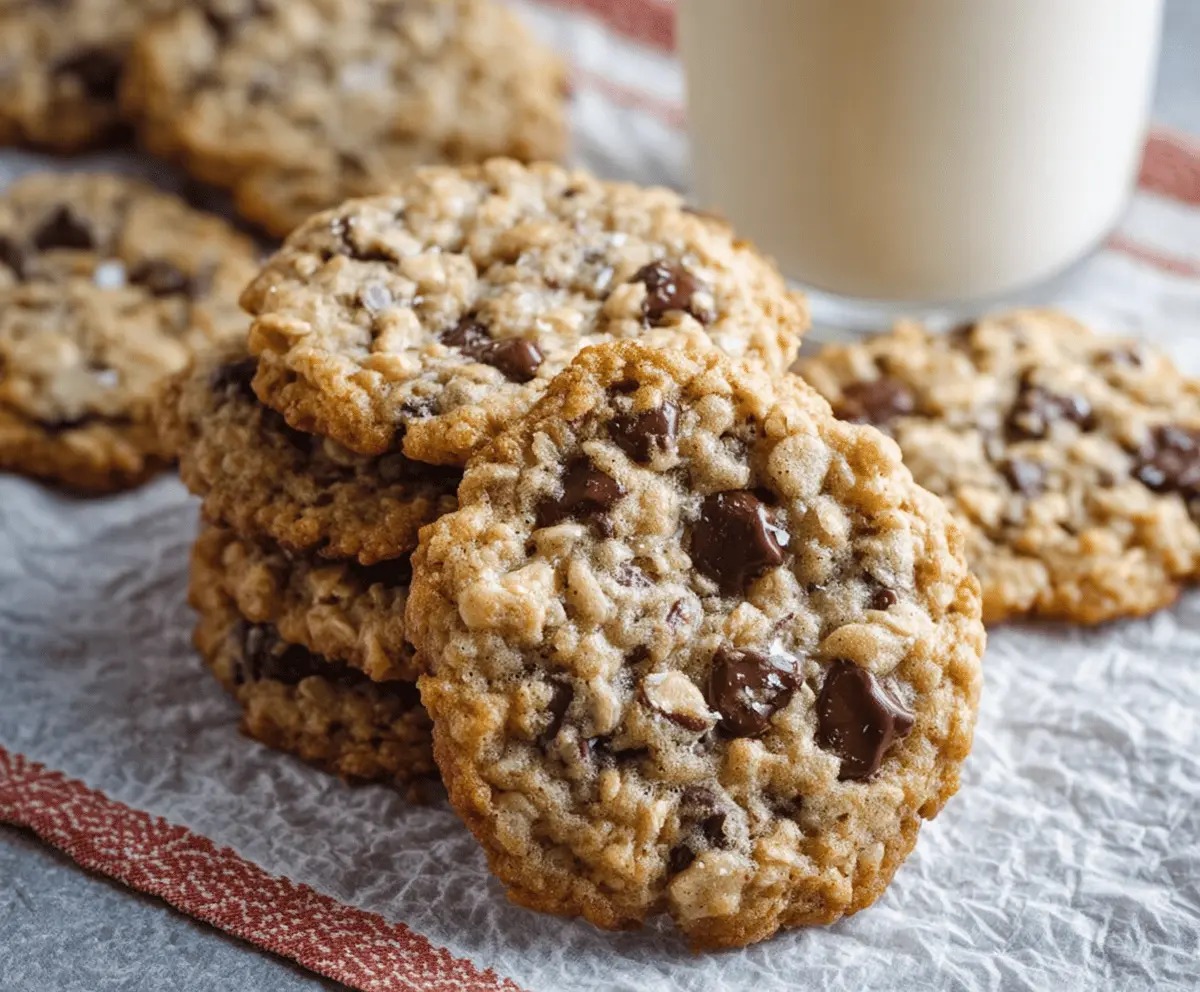 Delicious homemade oatmeal chocolate chip cookies fresh out of the oven.