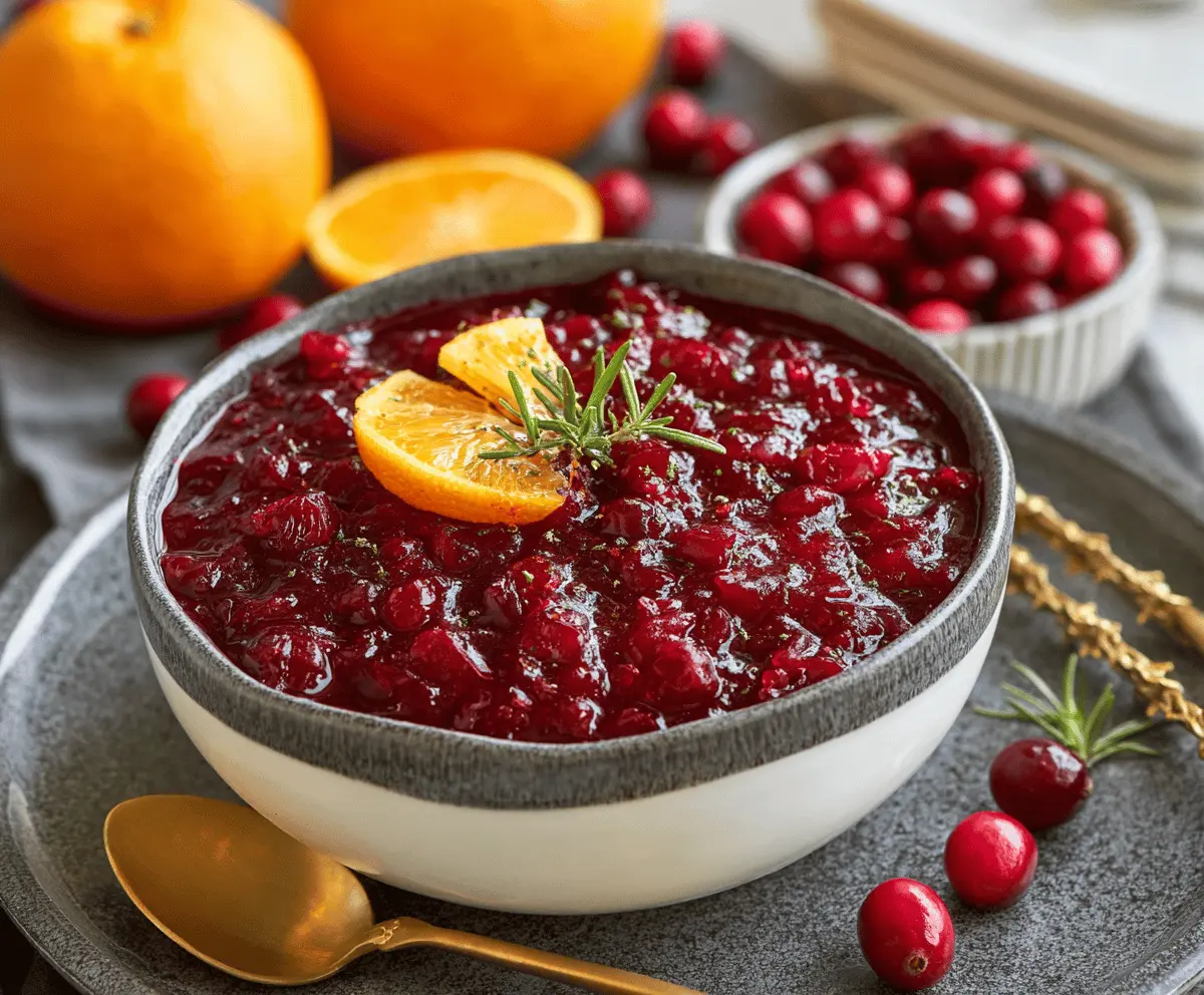 Bright orange cranberry sauce in a bowl with fresh cranberries and orange slices for a festive holiday side dish