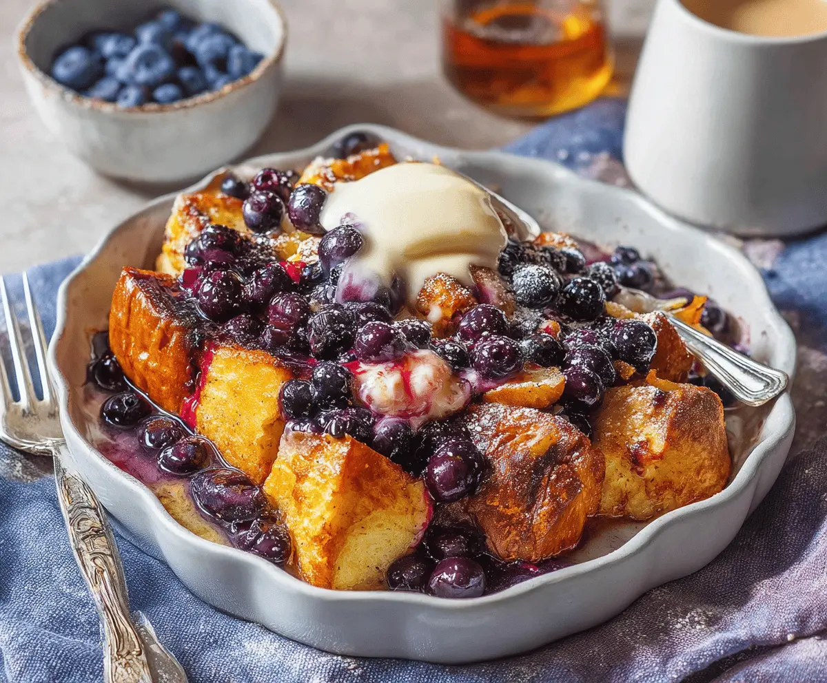 Delicious overnight blueberry French toast topped with fresh blueberries and powdered sugar.