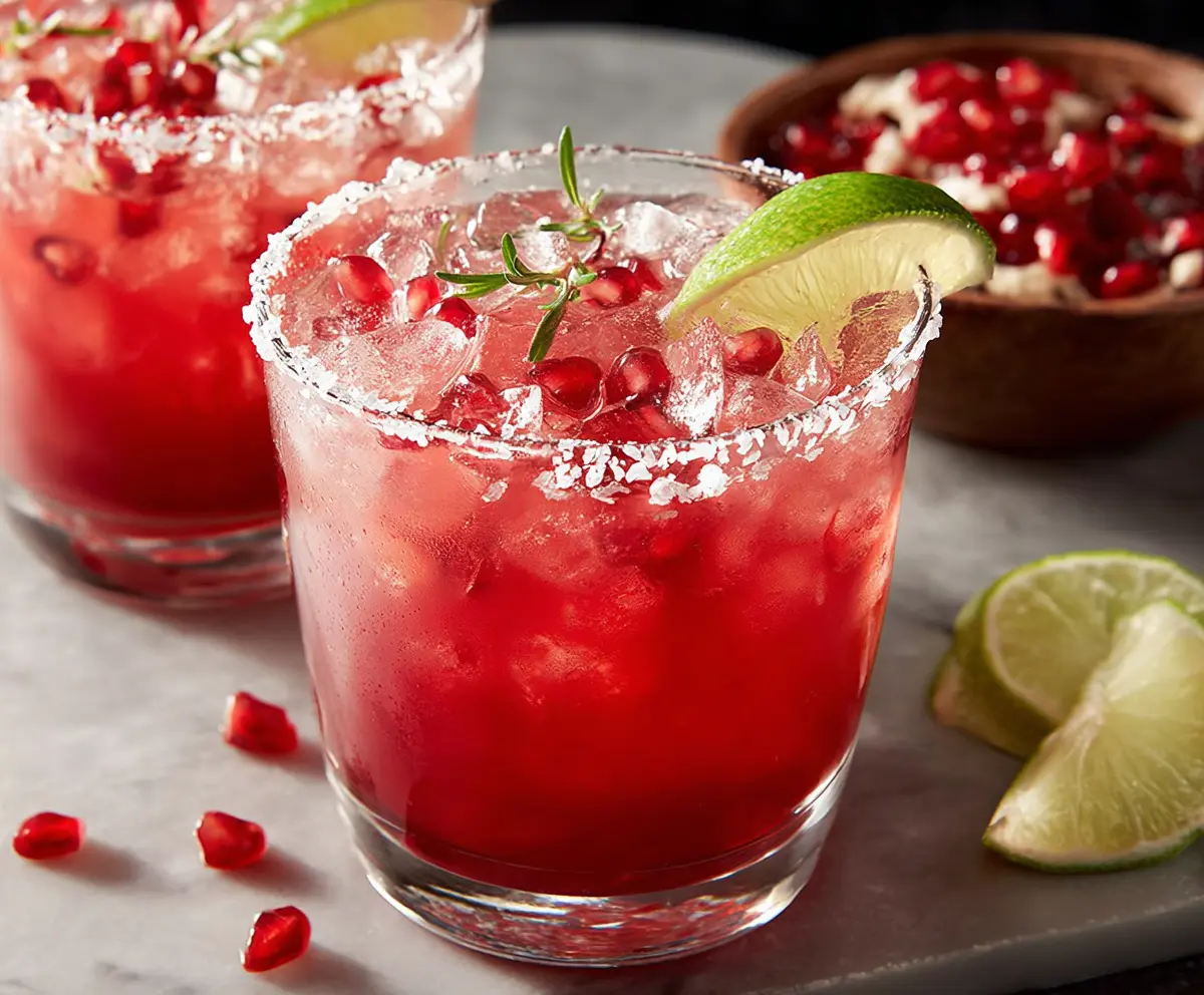 Refreshing Pomegranate Margarita cocktail with vibrant red hue and garnished with lime wedge.