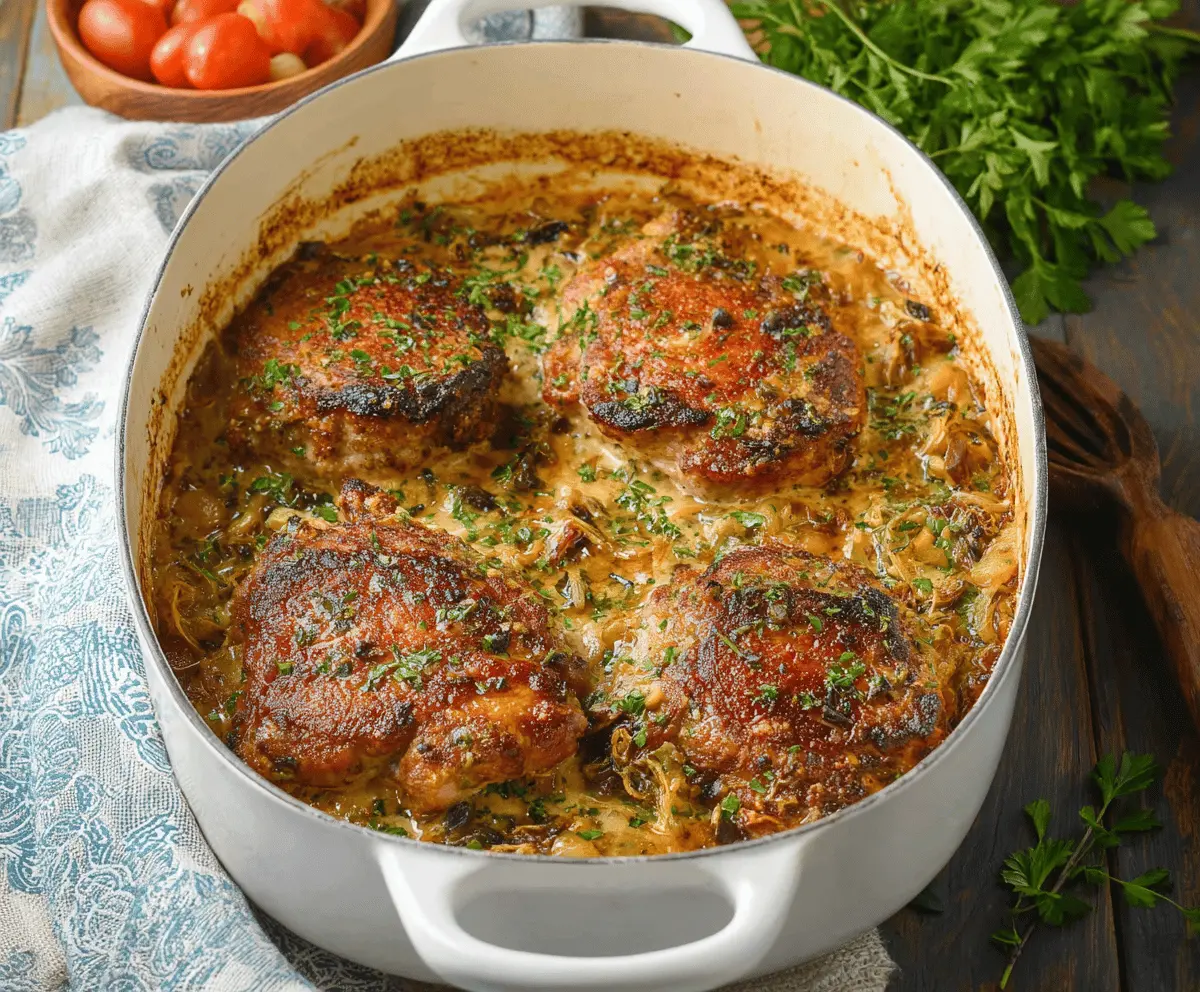 Delicious pork chop casserole with golden-brown topping and flavorful ingredients.