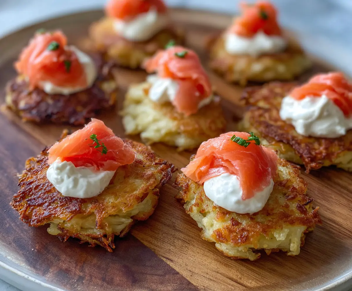 Delicious Potato Latke Bites topped with smoked salmon and fresh herbs.