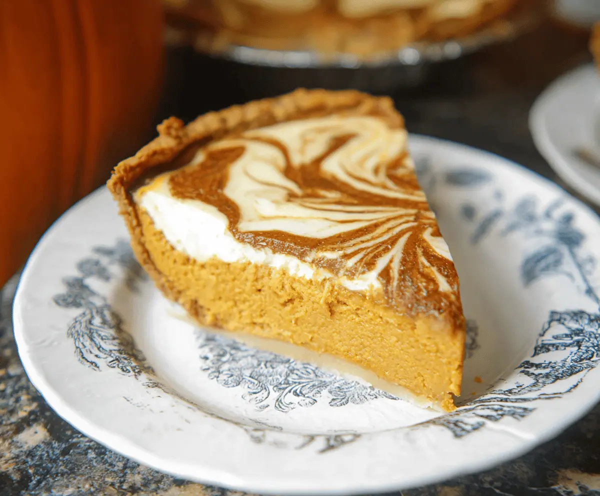 Delicious Pumpkin Cheesecake Swirl Pie with a creamy topping and festive fall flavors